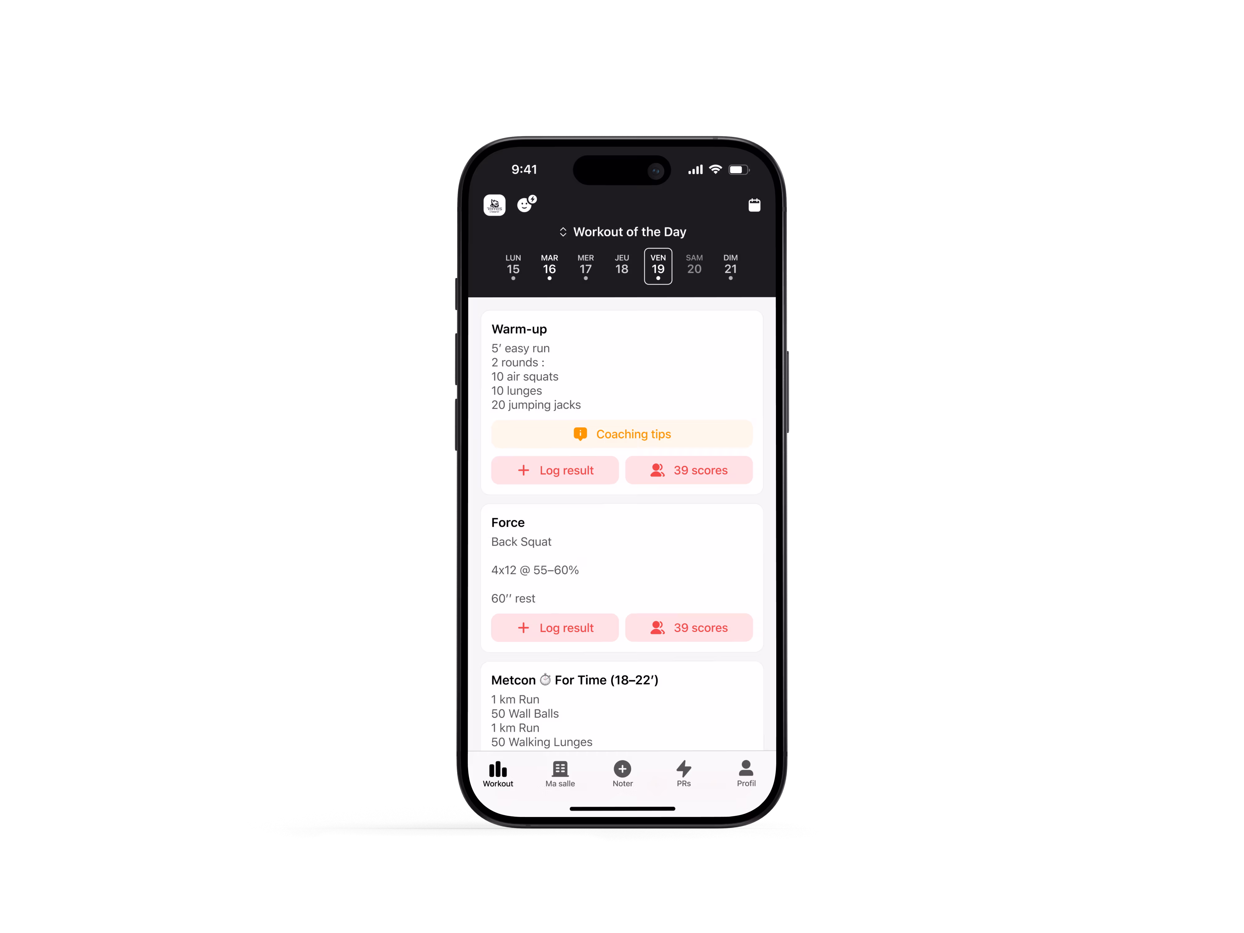 Application mobile Strivee affichant la séance du jour pour les membres de la salle